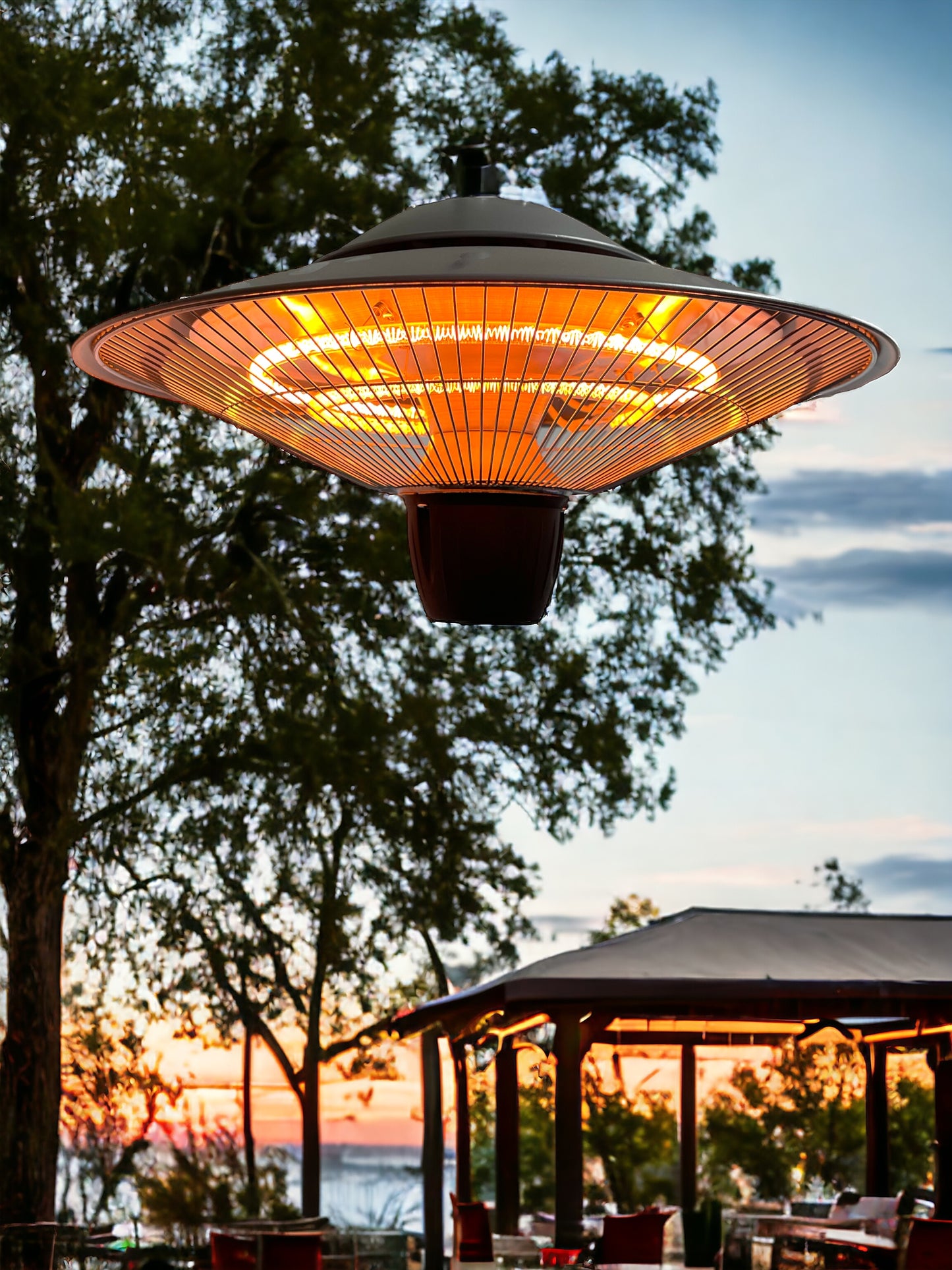 ZNERGY Infrared Electric Silver UFO Ceiling Hanging Heater with Dual Temperature Setting.