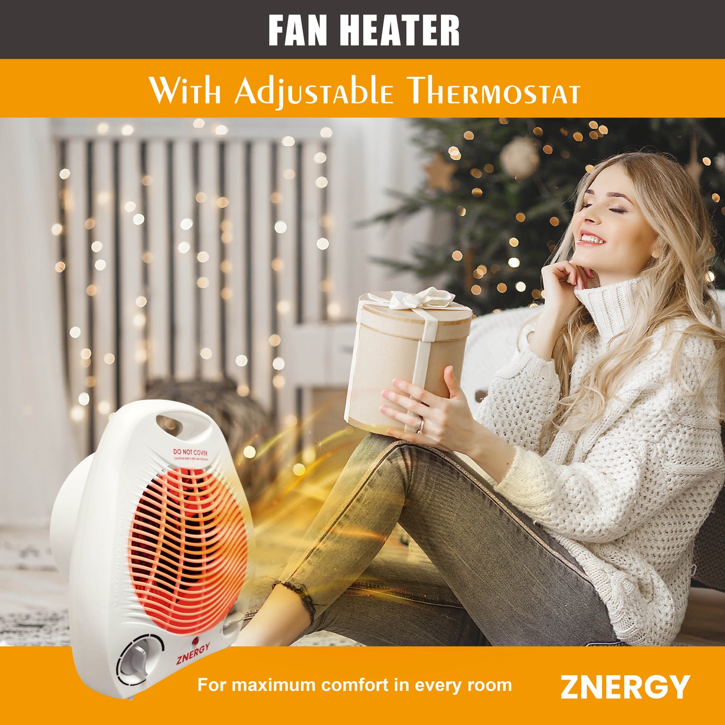 ZNERGY Fan Heater 1500w Adjustable Thermostat and Speed 3 heat settings Overheating Protection Saftey tip over switch Home Office Garage Dorm Kids Room Livingroom Kitchen