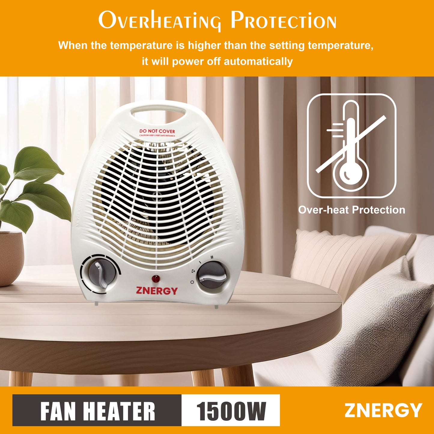 ZNERGY Fan Heater 1500w Adjustable Thermostat and Speed 3 heat settings Overheating Protection Saftey tip over switch Home Office Garage Dorm Kids Room Livingroom Kitchen