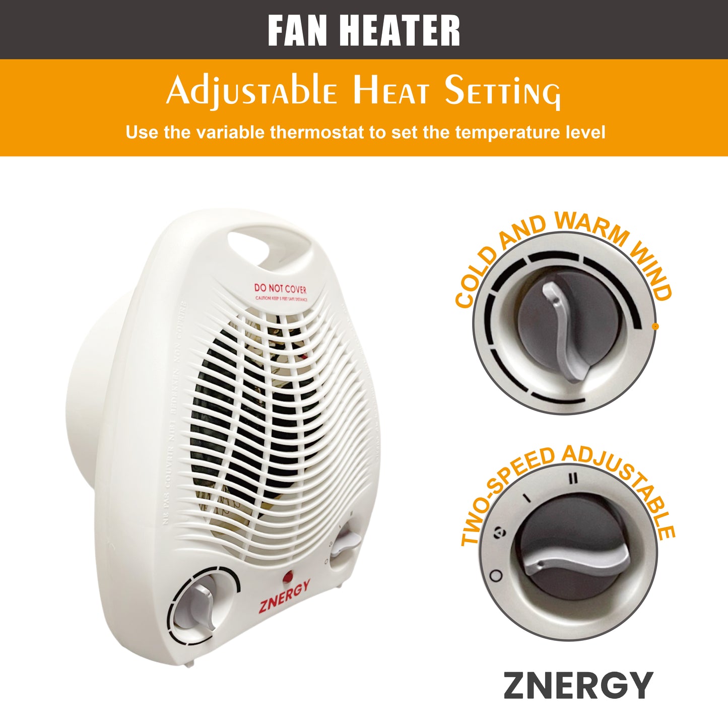 ZNERGY Fan Heater 1500w Adjustable Thermostat and Speed 3 heat settings Overheating Protection Saftey tip over switch Home Office Garage Dorm Kids Room Livingroom Kitchen